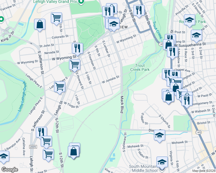 map of restaurants, bars, coffee shops, grocery stores, and more near 1322 South 9th Street in Allentown