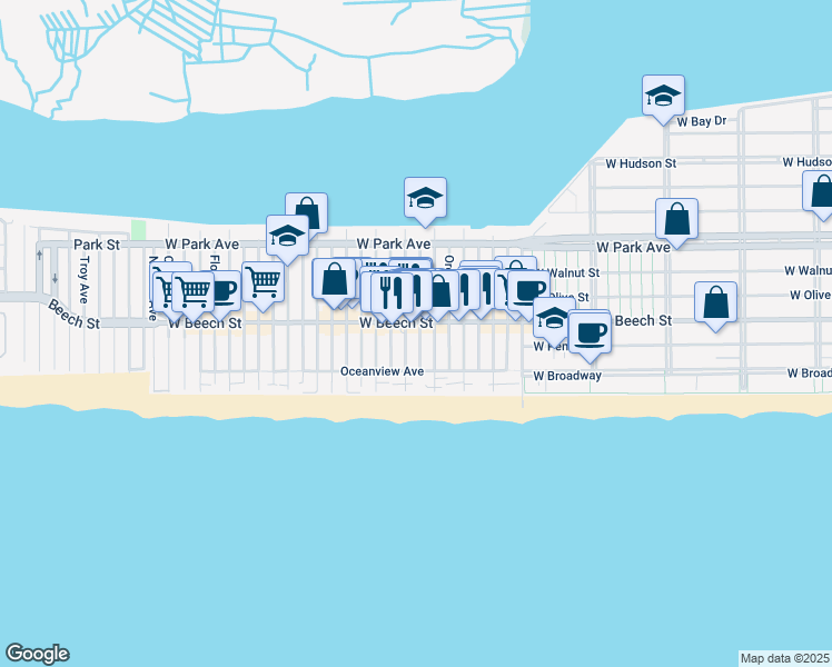 map of restaurants, bars, coffee shops, grocery stores, and more near 43 Delaware Avenue in Long Beach