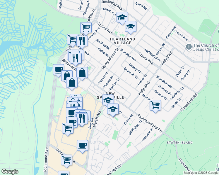 map of restaurants, bars, coffee shops, grocery stores, and more near 111 Rockne Street in Staten Island