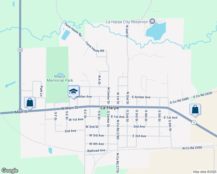 map of restaurants, bars, coffee shops, grocery stores, and more near 109 West Burlington Avenue in La Harpe