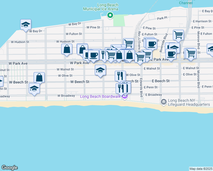 map of restaurants, bars, coffee shops, grocery stores, and more near 173 West Penn Street in Long Beach