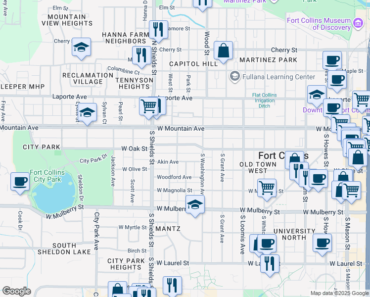 map of restaurants, bars, coffee shops, grocery stores, and more near 931 West Oak Street in Fort Collins