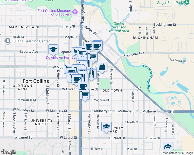 map of restaurants, bars, coffee shops, grocery stores, and more near 215 East Oak Street in Fort Collins