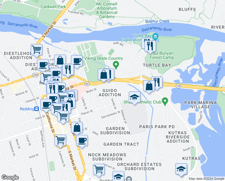 map of restaurants, bars, coffee shops, grocery stores, and more near 1625 Sequoia Street in Redding