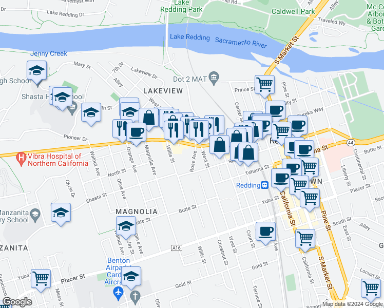 map of restaurants, bars, coffee shops, grocery stores, and more near 1959 California 299 in Redding