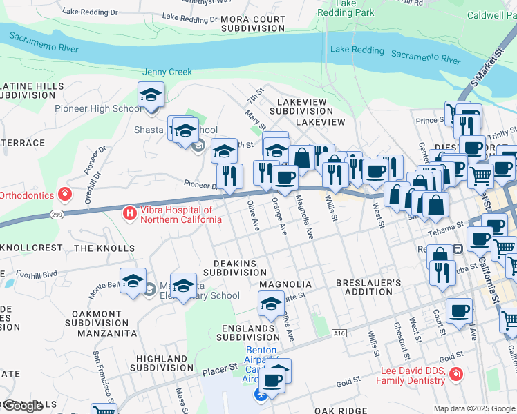 map of restaurants, bars, coffee shops, grocery stores, and more near 1121 Olive Avenue in Redding