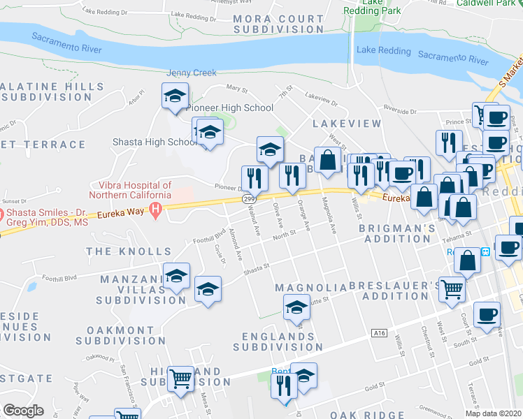 map of restaurants, bars, coffee shops, grocery stores, and more near 2485 Old Eureka Way in Redding
