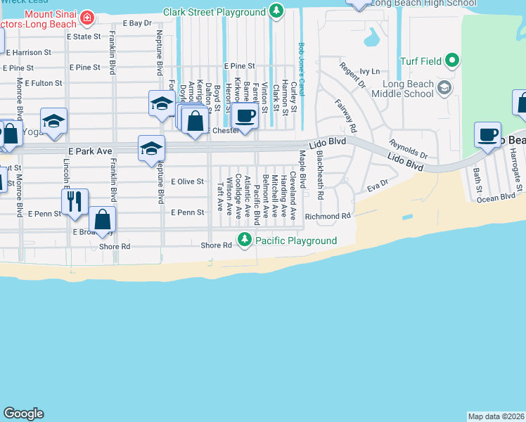 map of restaurants, bars, coffee shops, grocery stores, and more near 107 Pacific Boulevard in Long Beach