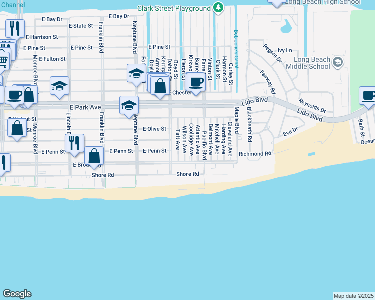 map of restaurants, bars, coffee shops, grocery stores, and more near 106 Wilson Avenue in Long Beach
