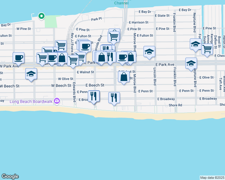 map of restaurants, bars, coffee shops, grocery stores, and more near 162 East Penn Street in Long Beach