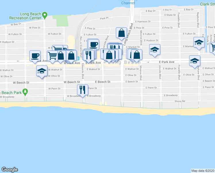 map of restaurants, bars, coffee shops, grocery stores, and more near 118 East Penn Street in Long Beach