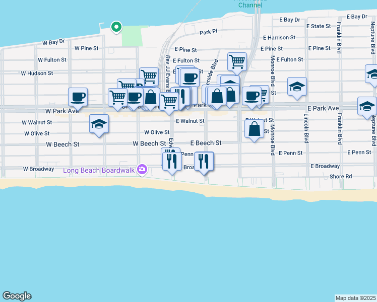 map of restaurants, bars, coffee shops, grocery stores, and more near 53 East Penn Street in Long Beach