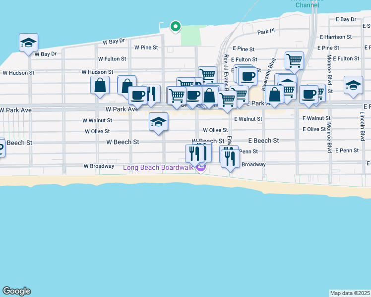 map of restaurants, bars, coffee shops, grocery stores, and more near 125 West Penn Street in Long Beach