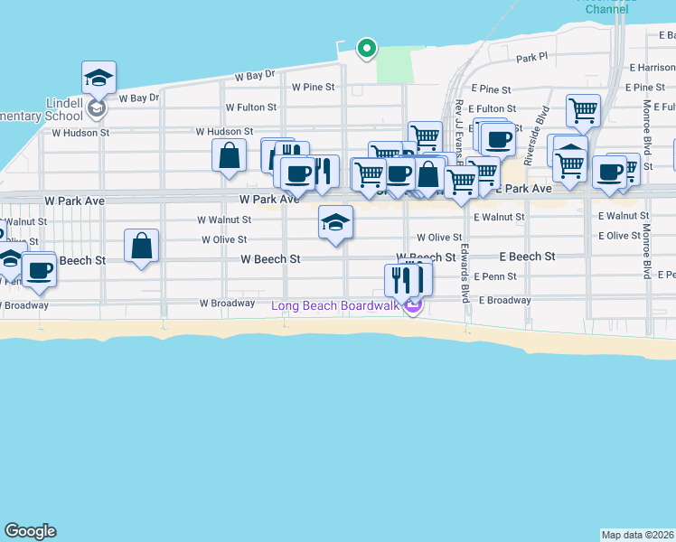 map of restaurants, bars, coffee shops, grocery stores, and more near 173 West Penn Street in Long Beach