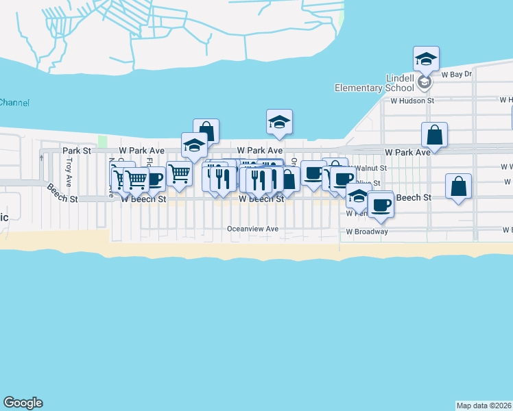 map of restaurants, bars, coffee shops, grocery stores, and more near 43 Wisconsin Street in Long Beach