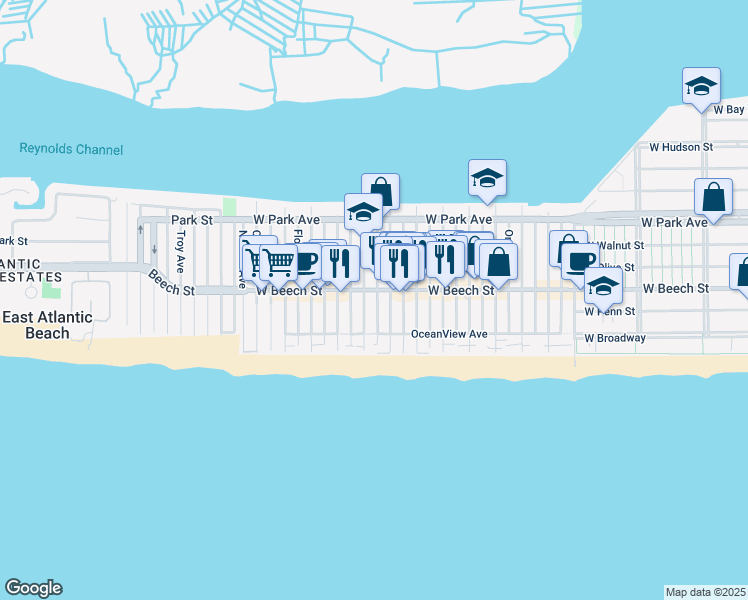 map of restaurants, bars, coffee shops, grocery stores, and more near 43 Minnesota Avenue in Long Beach