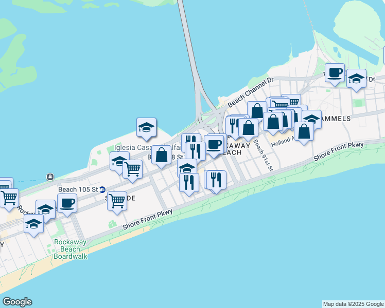 map of restaurants, bars, coffee shops, grocery stores, and more near 9710 Rockaway Beach Boulevard in Queens
