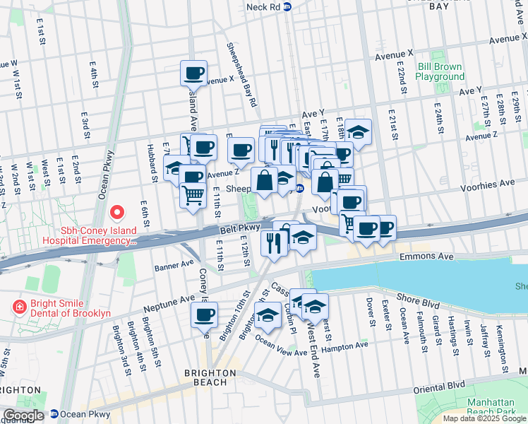 map of restaurants, bars, coffee shops, grocery stores, and more near 3225 Shore Parkway in Brooklyn