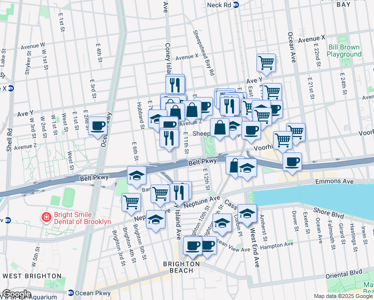 map of restaurants, bars, coffee shops, grocery stores, and more near 2681 East 11th Street in Brooklyn