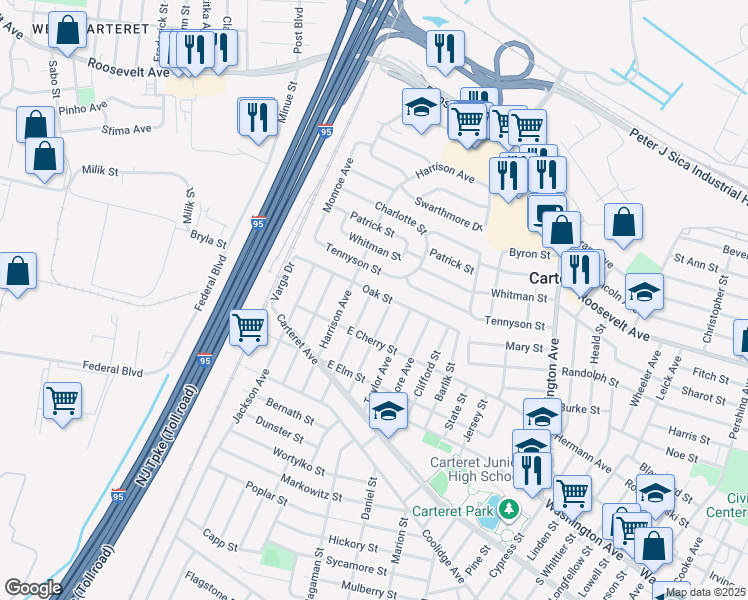 map of restaurants, bars, coffee shops, grocery stores, and more near 39 Oak Street in Carteret