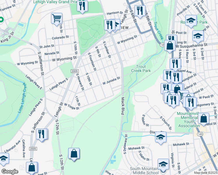 map of restaurants, bars, coffee shops, grocery stores, and more near 1322 South 9th Street in Allentown