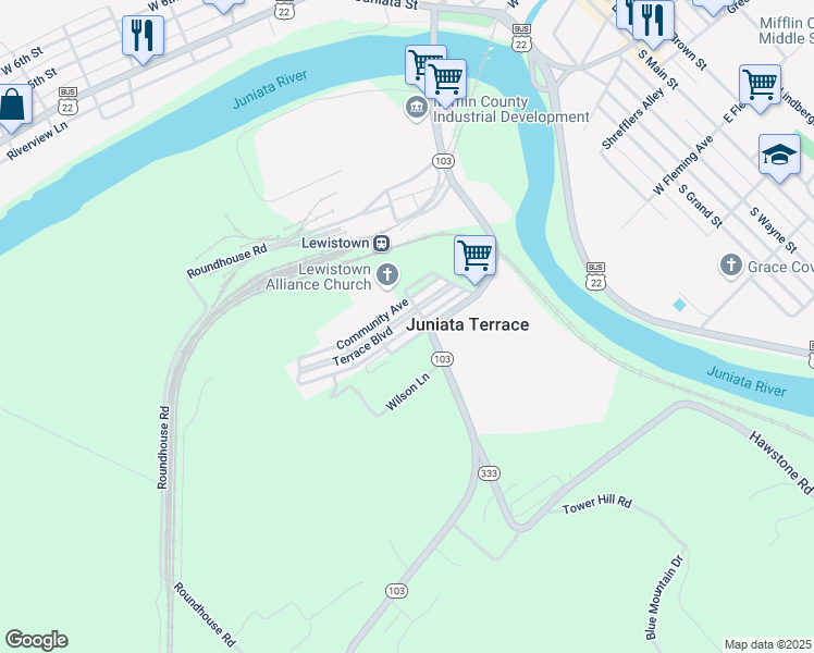 map of restaurants, bars, coffee shops, grocery stores, and more near 117 Terrace Boulevard in Lewistown