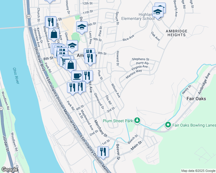 map of restaurants, bars, coffee shops, grocery stores, and more near 412 Pine Street in Ambridge