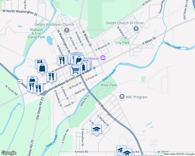 map of restaurants, bars, coffee shops, grocery stores, and more near 208 East Front Street in Delphi