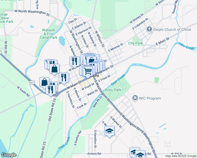 map of restaurants, bars, coffee shops, grocery stores, and more near 221 South Washington Street in Delphi