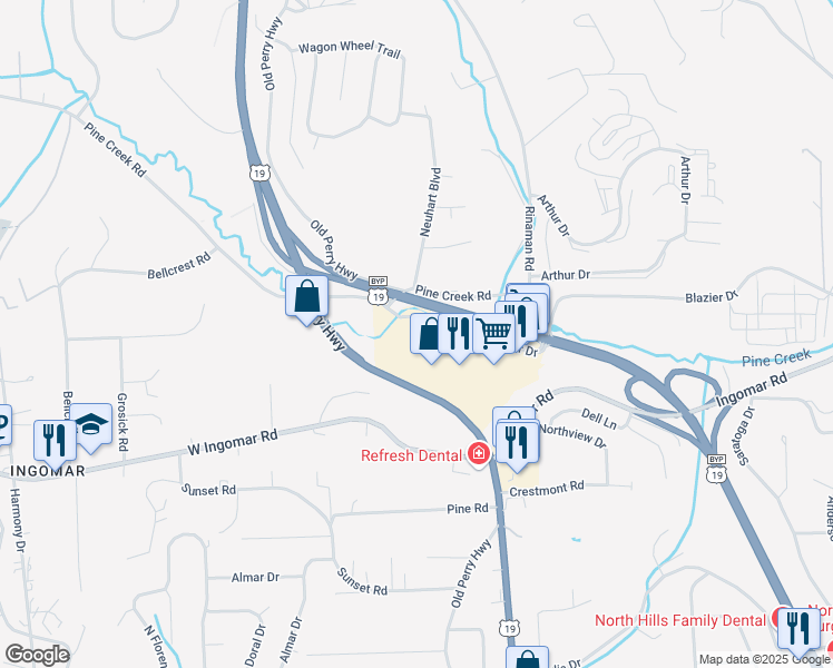 map of restaurants, bars, coffee shops, grocery stores, and more near 9805 McKnight Road in Pittsburgh