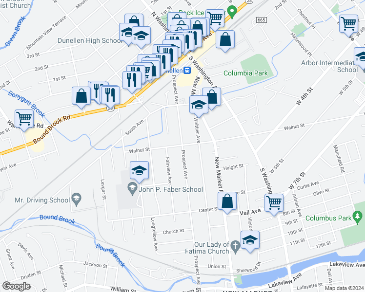 map of restaurants, bars, coffee shops, grocery stores, and more near 301 Prospect Avenue in Dunellen