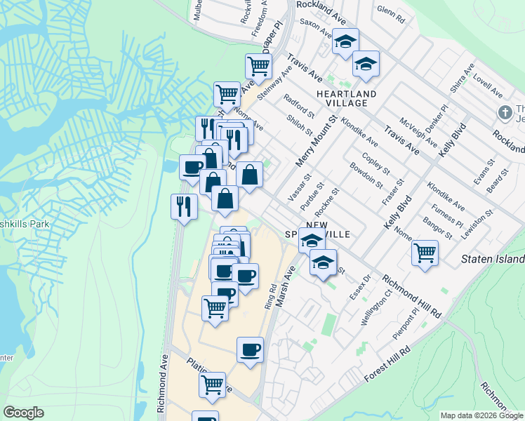 map of restaurants, bars, coffee shops, grocery stores, and more near 100 Gardenia Lane in Staten Island