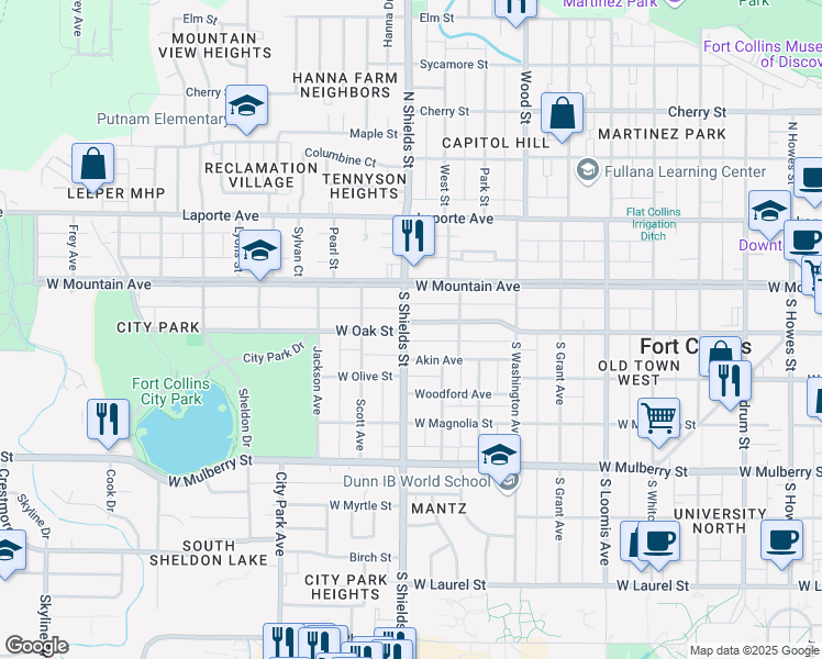 map of restaurants, bars, coffee shops, grocery stores, and more near 200 South Shields Street in Fort Collins