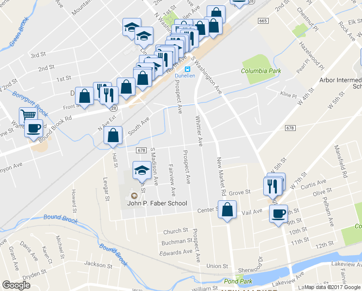 map of restaurants, bars, coffee shops, grocery stores, and more near 623 Walnut Street in Dunellen