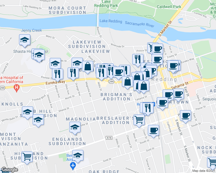 map of restaurants, bars, coffee shops, grocery stores, and more near 1959 California 299 in Redding