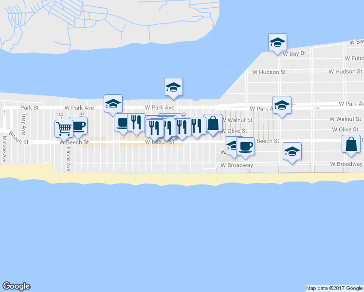 map of restaurants, bars, coffee shops, grocery stores, and more near 49 Oregon Street in Long Beach