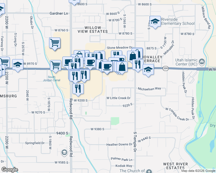 map of restaurants, bars, coffee shops, grocery stores, and more near 9118 River Ridge Drive in West Jordan