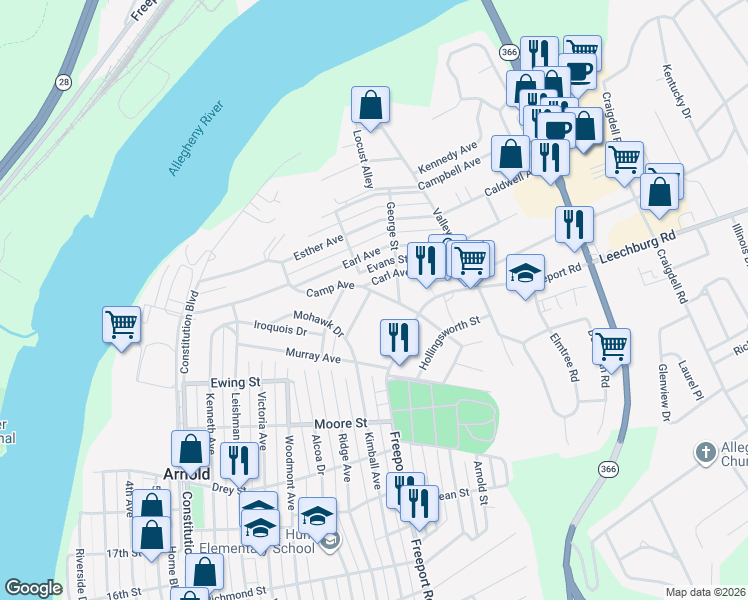map of restaurants, bars, coffee shops, grocery stores, and more near 556 Camp Avenue in New Kensington