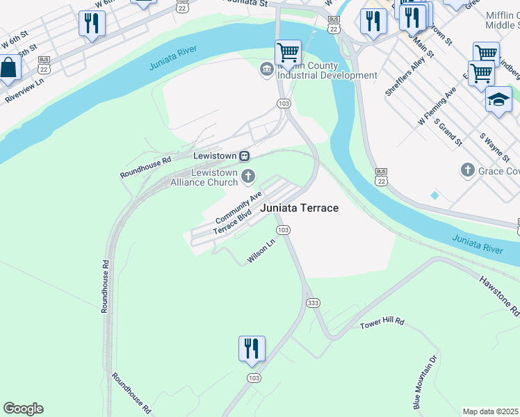 map of restaurants, bars, coffee shops, grocery stores, and more near 117 Terrace Boulevard in Lewistown
