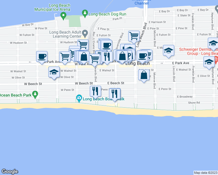 map of restaurants, bars, coffee shops, grocery stores, and more near 53 East Penn Street in Long Beach