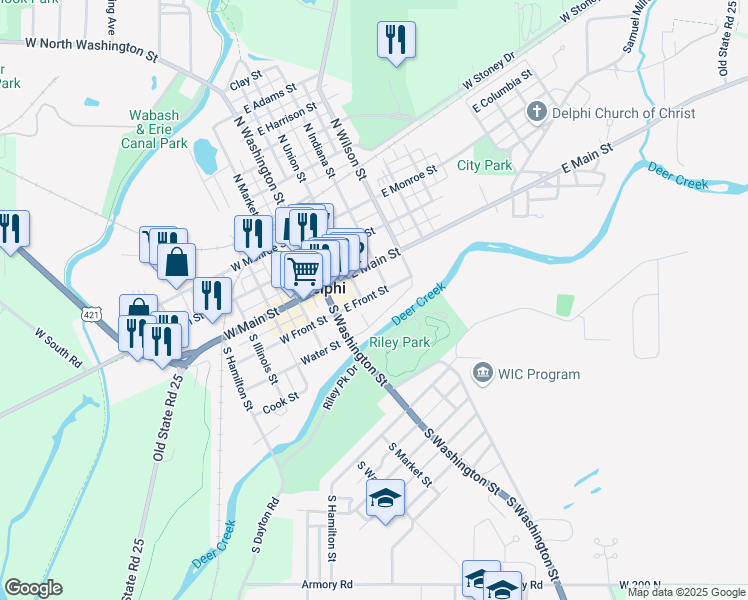 map of restaurants, bars, coffee shops, grocery stores, and more near 208 East Front Street in Delphi