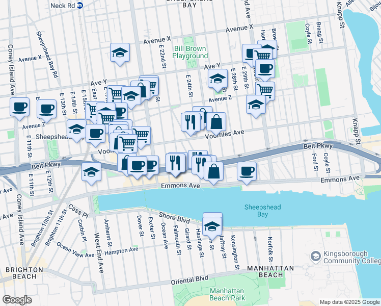 map of restaurants, bars, coffee shops, grocery stores, and more near 2750 East 23rd Street in Brooklyn