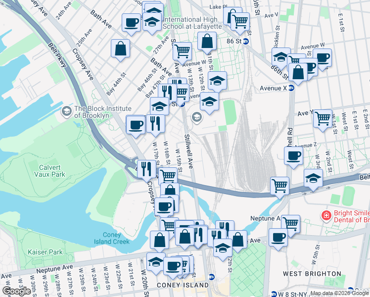 map of restaurants, bars, coffee shops, grocery stores, and more near 2559 Stillwell Avenue in Brooklyn
