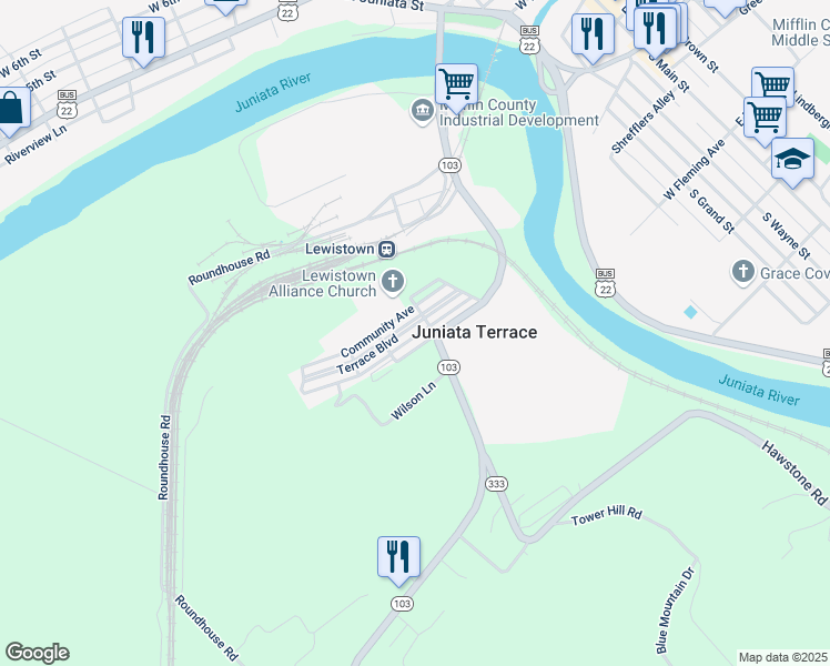 map of restaurants, bars, coffee shops, grocery stores, and more near 113 Terrace Boulevard in Lewistown
