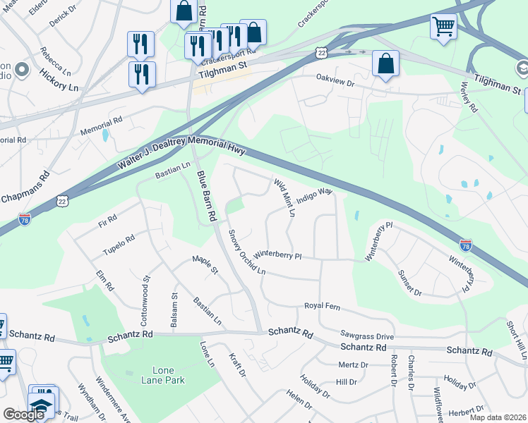 map of restaurants, bars, coffee shops, grocery stores, and more near 361 Indigo Way in Allentown