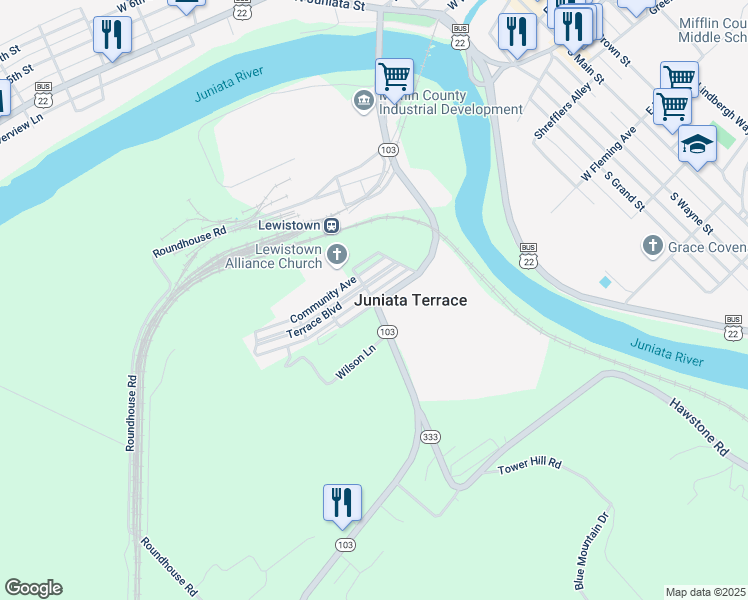 map of restaurants, bars, coffee shops, grocery stores, and more near 106 Delaware Avenue in Lewistown