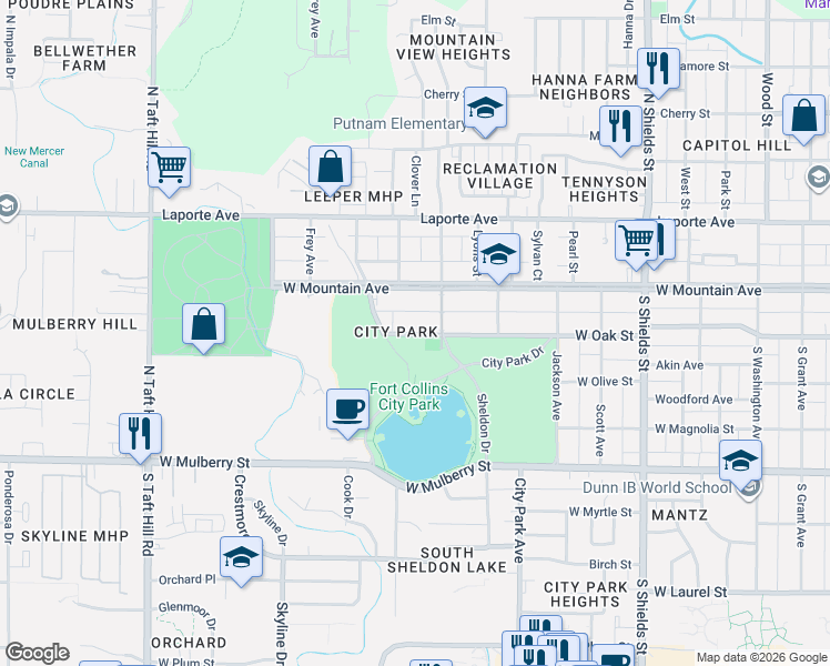 map of restaurants, bars, coffee shops, grocery stores, and more near in Fort Collins