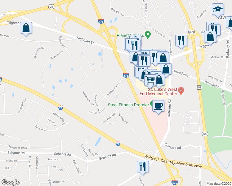 map of restaurants, bars, coffee shops, grocery stores, and more near 311 Blue Sage Drive in Allentown