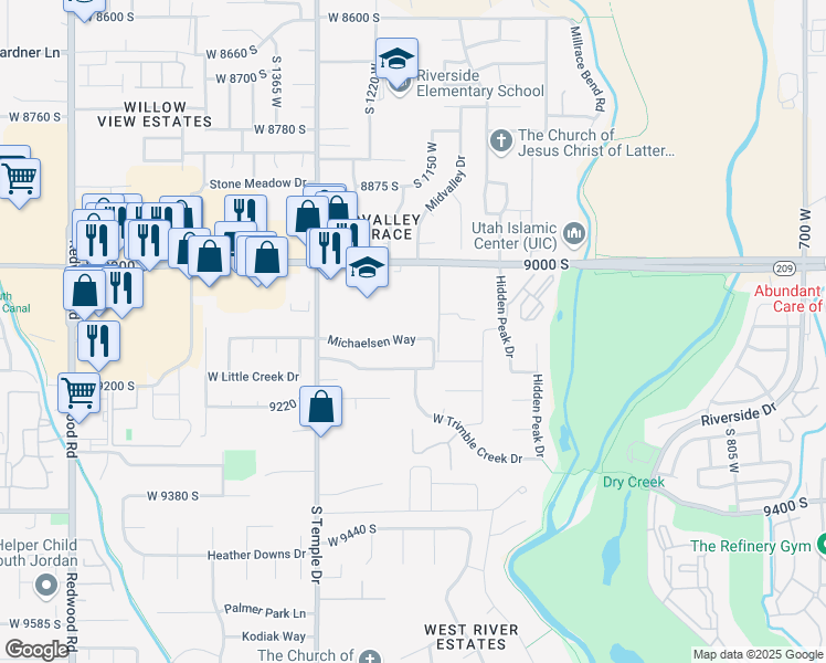 map of restaurants, bars, coffee shops, grocery stores, and more near 1184 Michaelsen Way in West Jordan