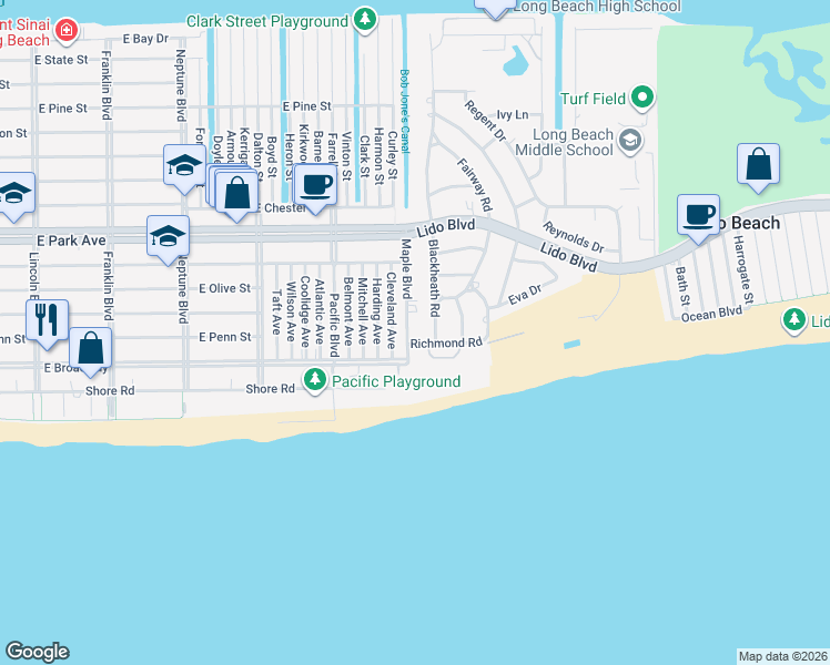 map of restaurants, bars, coffee shops, grocery stores, and more near 1B Richmond Road in Long Beach